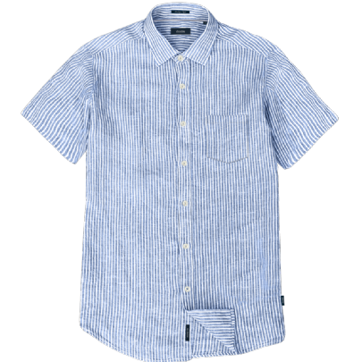 Ριγέ λινό πουκάμισο κοντό μανίκι με τσέπη σε λευκό-γαλάζιο