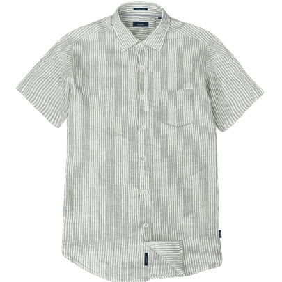 Ριγέ λινό πουκάμισο κοντό μανίκι με τσέπη σε λευκό-μέντα