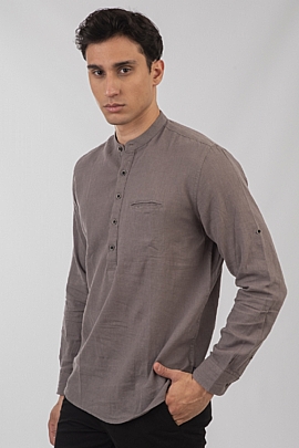 Πουκαμίσα λινή Μάο με τσέπη σε γκρι