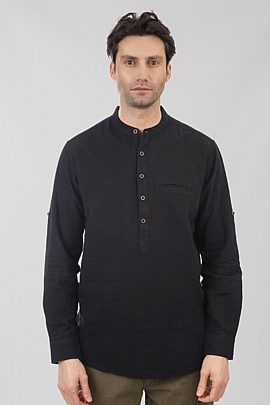 Πουκαμίσα λινή Μάο με τσέπη σε μαύρο